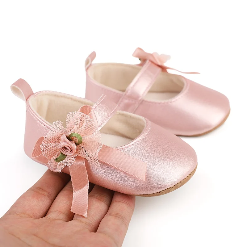 Baby Lace Bow Glossy Leather Shoes Children's Soft-Soled Non-Slip Toddler Shoes Female Baby Flat Bottom Casual