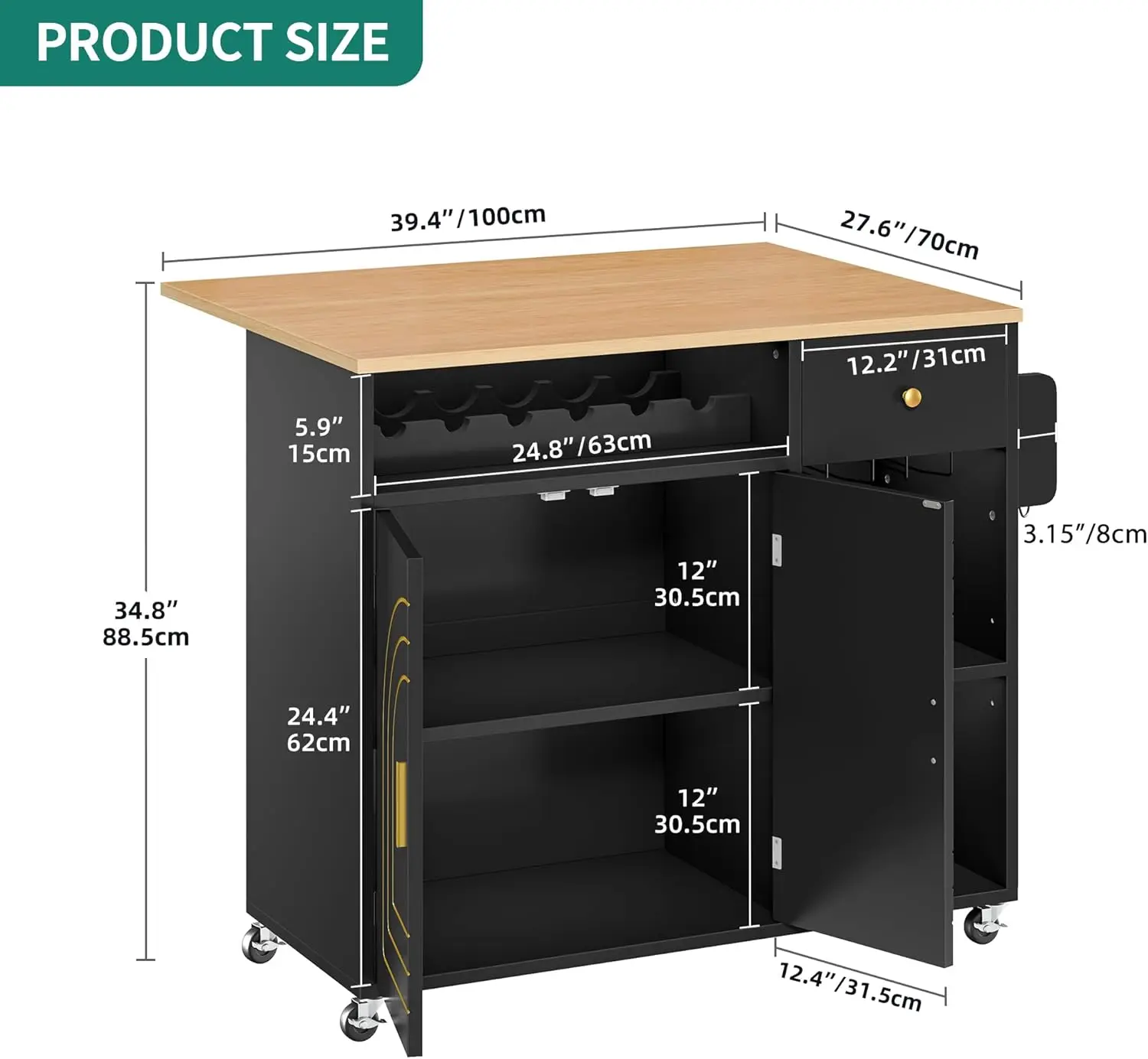 Kitchen Island with Folding Drop Leaf, Rolling Kitchen Cart with 2 Gilded Cabinet Doors, Island Cabinet on Wheels