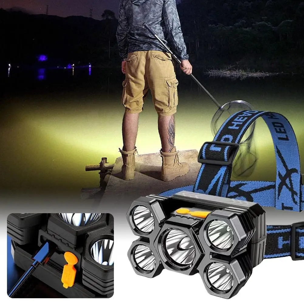 

Five Head Headlights With Strong Light And Super Bright Headlights USB Charging Remote Headworn Mine Flashlight Night Fishing