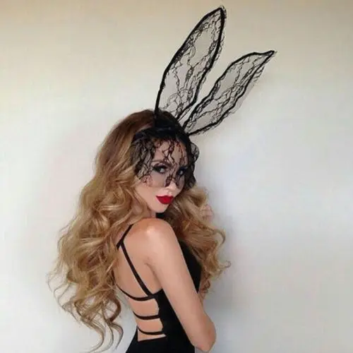 Ladies Bunny Rabbit Ears Lace Veil Venetian Masquerade Party Face Mask