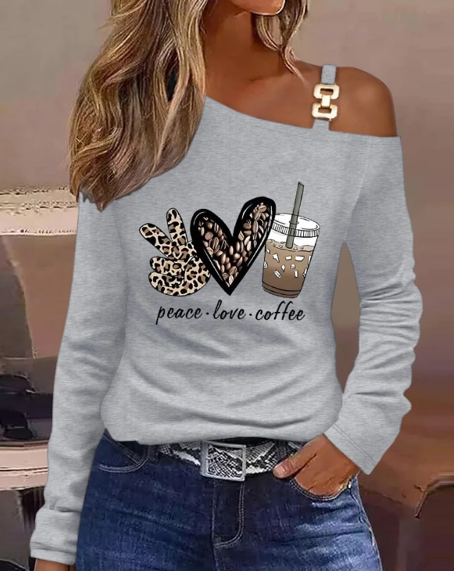 

Women T shirt Tops Elegant Cold Shoulder Graphic Heart Slogan Leopard Peace Love Coffee Print Top Female Fall Long Sleeve Top