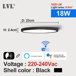 Sleek LED Smart Ceiling Light with Dimmable WiFi & Voice Control (18W - Black shell)