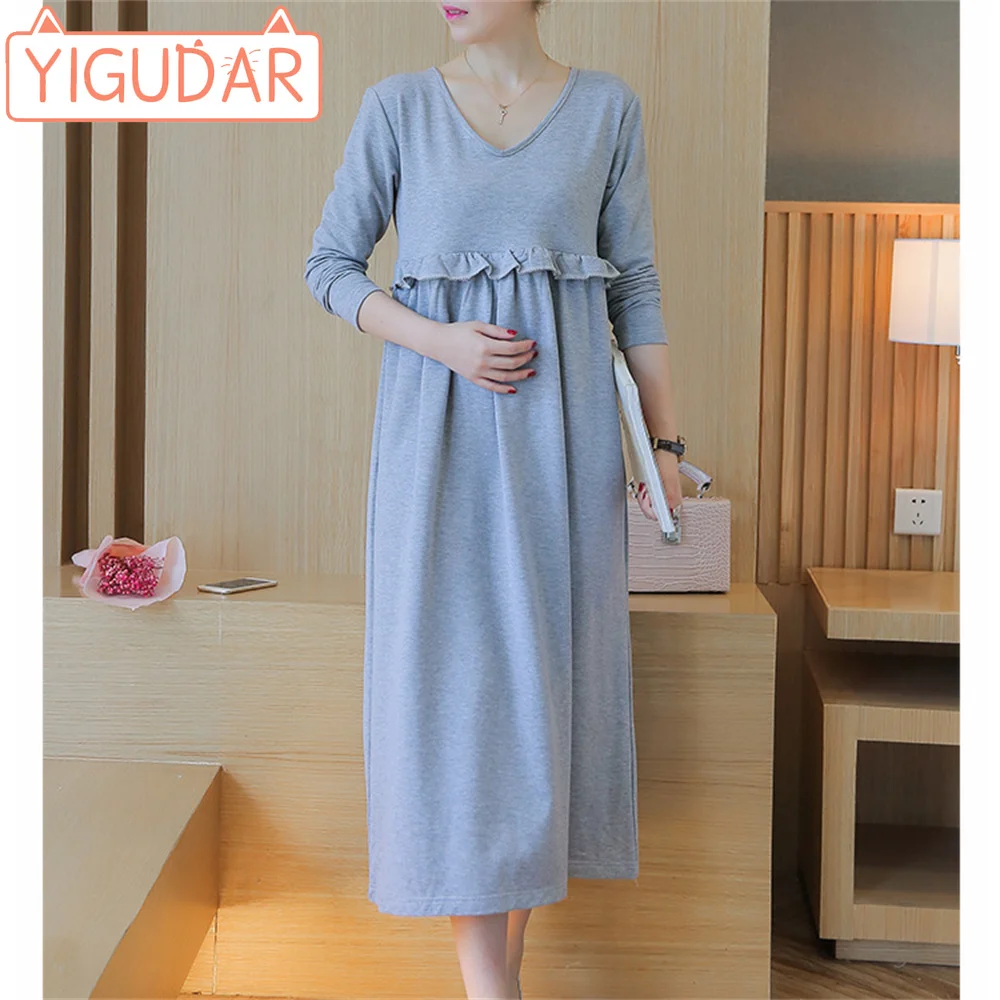 

Maternity Clothes2024 Spring Summer New Loose Casual Long sleeved Pregnant Women's Long Skirt Nursing Skirt V-neck Dress Women's