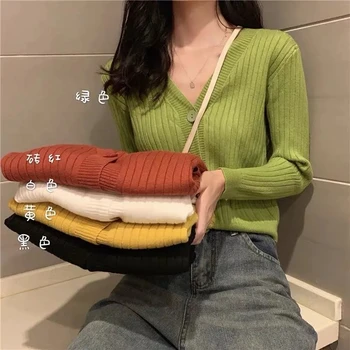 Spring Autumn New V-Neck Knitted Cardigan Women's Sweater coat Thin Sweater All-Match Jacket Pure Color Basic Small Cardigan