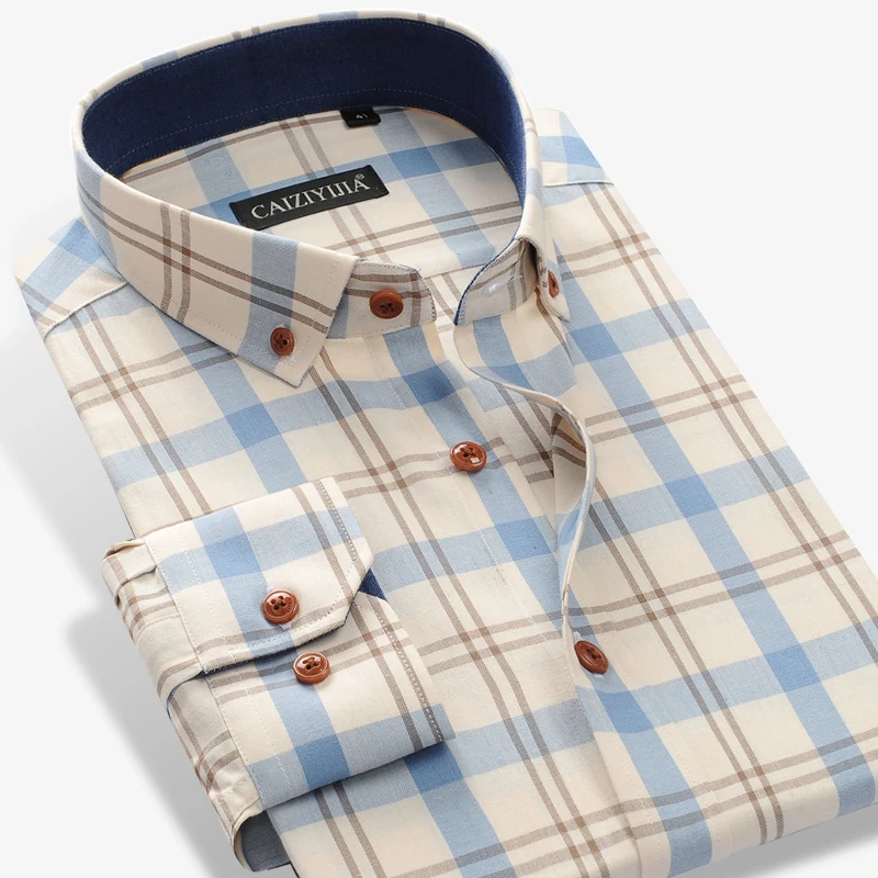 

Men's 100% Cotton Long Sleeve Contrast Plaid Checkered Shirt Without Pocket Casual Standard-fit Button Down Gingham Dress Shirts