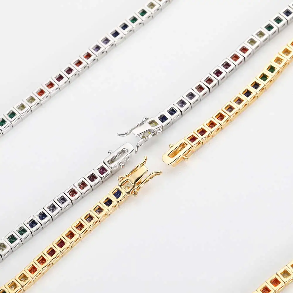 Custom Rainbow Colorful Rectangle CZ Diamond Tennis Chain Iced Out Bling Cubic Zircon Choker Jewelry Gold Color Plated for Women