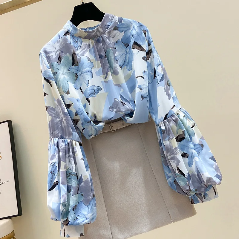 

Chiffon Floral Women Blouse Summer New Design 2022 O-Neck Lantern Sleeved Elegant Office Lady Pulls Outwear Tops