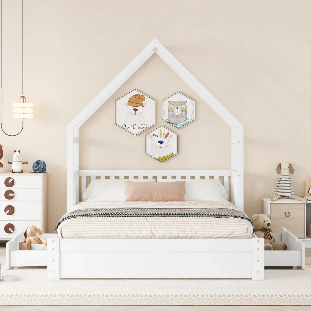 Children Beds Wood Queen Size House Platform Bed Guardrail and 2 Drawers,White Wooden Bed Bunk Beds for Kids Children Furniture 6