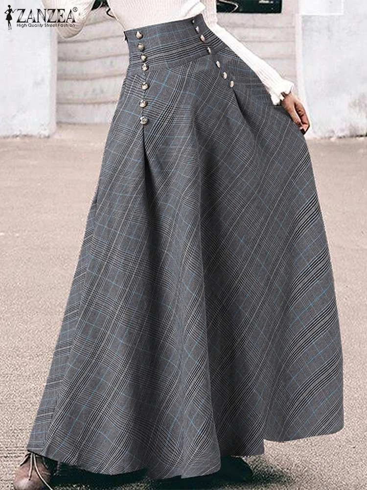 wrap skirt Oversized Vintage Loose Dresses Mujer Korean Stylish Vestidos 2022 ZANZEA Women High Waist Grid Plaid Check Gonna Long Skirts skirt top