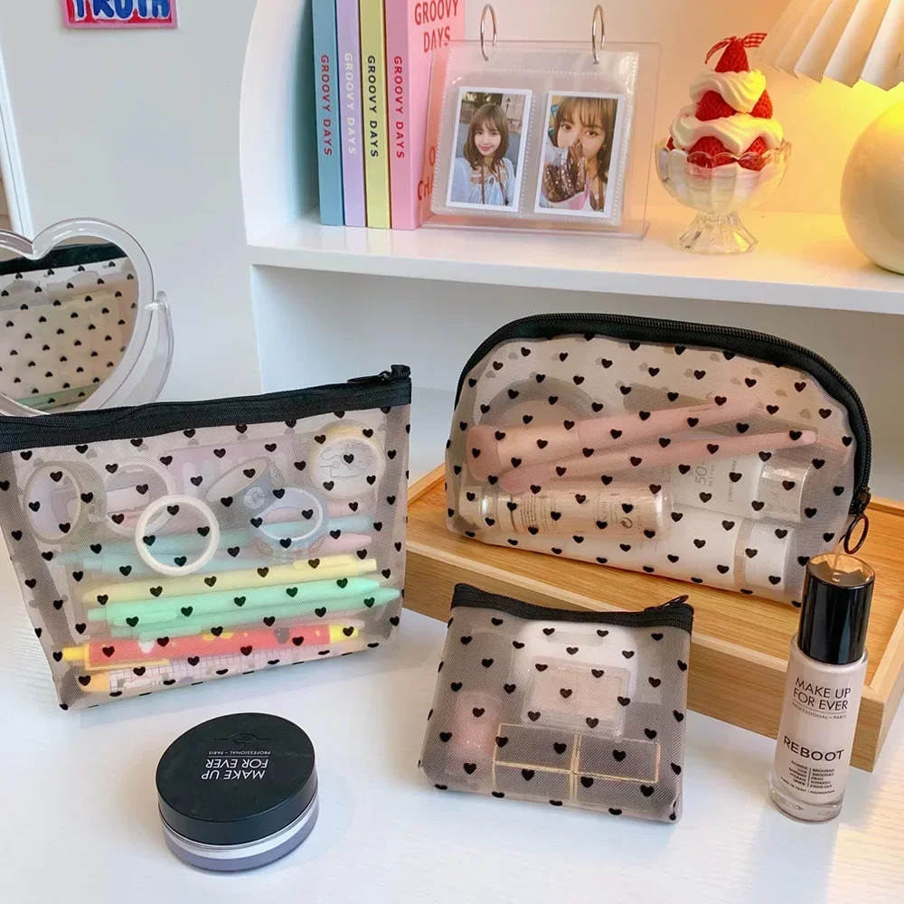 Mesh Cosmetic Makeup Bags Case Holder Cute Transparent Zipper Black Heart Printed Pencil Pen Case Pouch Convenient To Carry
