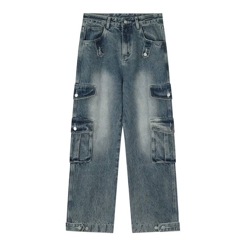 

Мужские Модные джинсы-карго с большими карманами свободного покроя, джинсовые брюки в стиле Vibe, рабочая одежда, ковбойские брюки