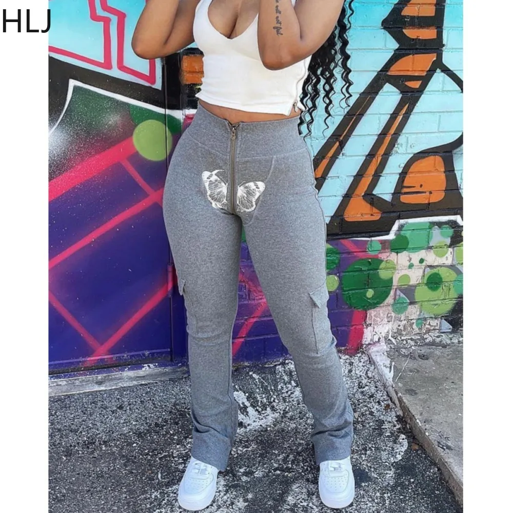 HLJ Y2k Streetwear Gray Sweatpants Zipper High Waist Pockets Pants Slim Leggings Jogging Pant Women Casual Streetwear Trousers