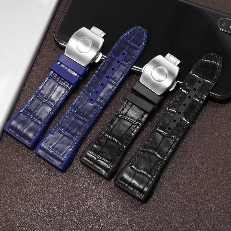28mm High Quality Nylon Genuine Leather Silicone Watchband Black Blue Folding Buckle Watch Strap For Franck Muller V45 Series