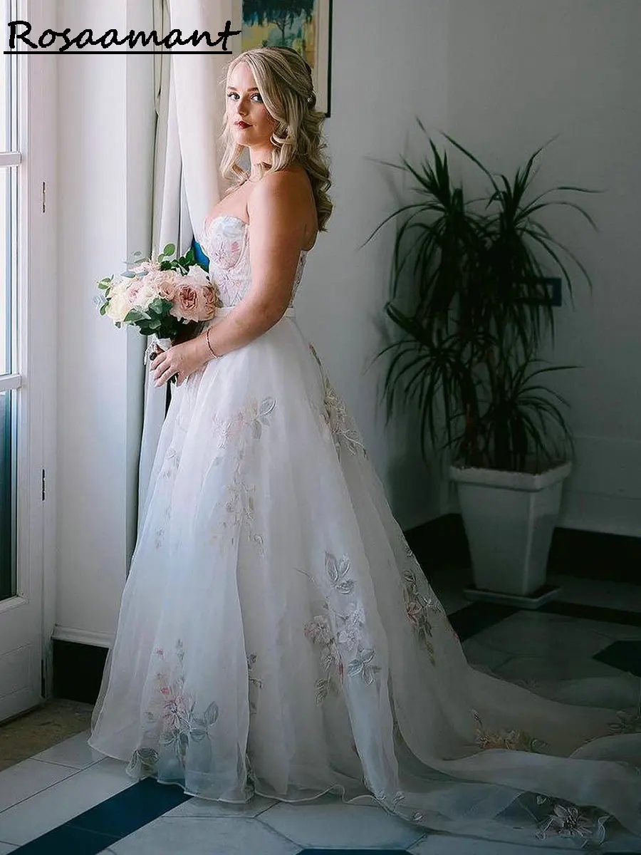 

Gorgeous Floral Printing A-line Wedding Dresses Sweetheart Sleeveless Bridal Gowns Robe De Mariée
