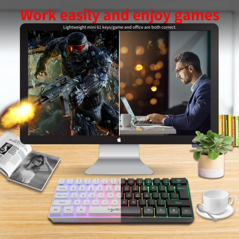 Bluetooth 5.0 2.4G Wireless Keyboard Gaming 61 Keys Rechargeable Keyboard Adjustable RGB Backlit for PC Phones Tablets Desktop pc keyboard