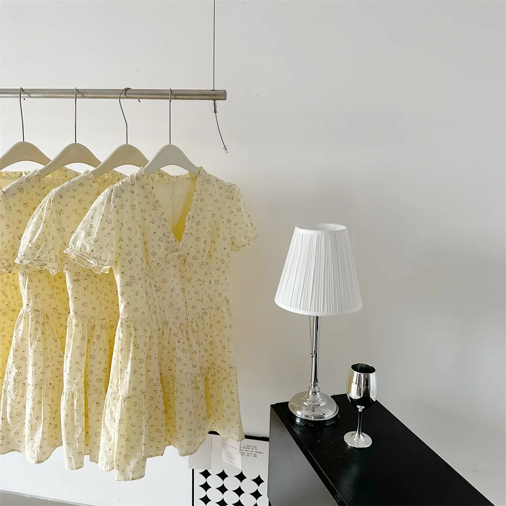 French Floral Printed Short Dresses for Women Y2K V-neck High Waist Birthday Party Dress Korean Chic Prom A-line Summer Vestidos