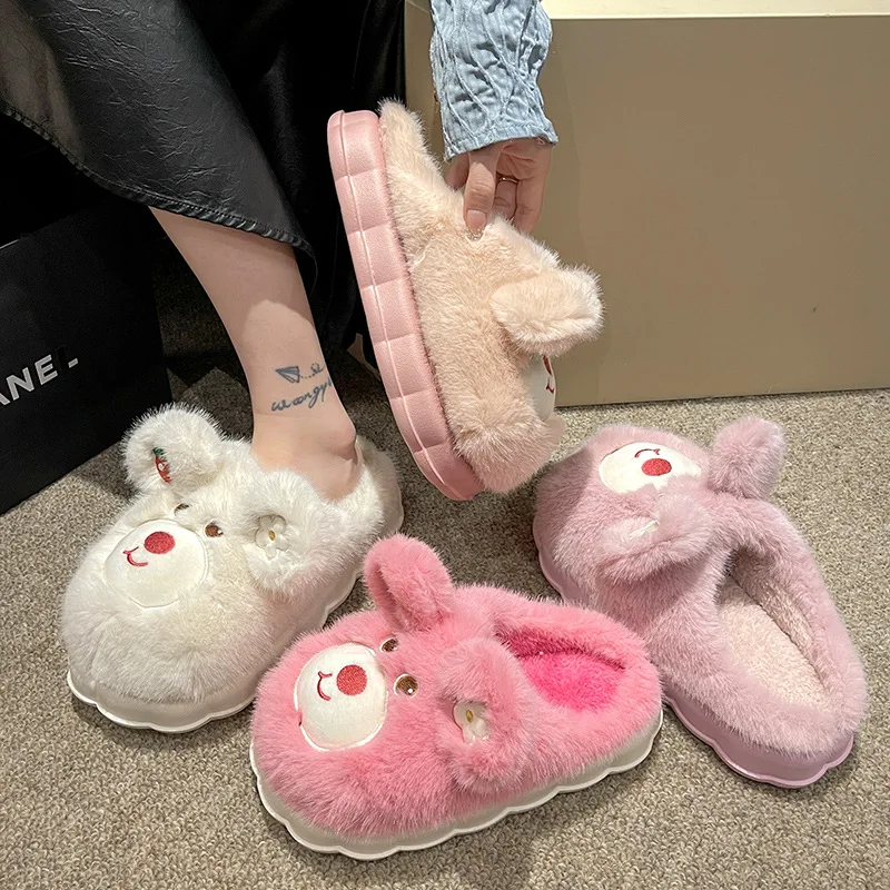 

Women's Cute Cartoon Bear Cotton Slippers Women Winter Indoor Thick Sole Warm Plush Doll Girls Cotton Slippers Cotton Footwear