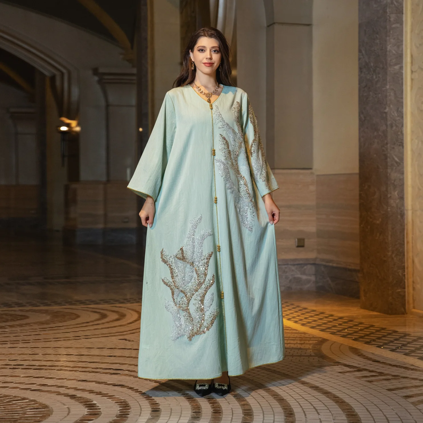 2023 Abaya for Women Dubai Floral Embroidery Luxury Sequined Casual Loose Dress Elegant Muslim Fashion Abaya Kaftan Dress 3