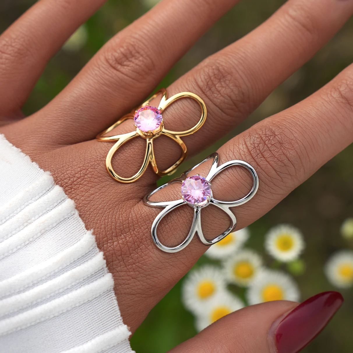 Selbst Trendiger Edelstahl-Metallblumen-verstellbarer modischer Fingerring, rostfrei, attraktiv, für den täglichen Gebrauch, Schmuck, Accessoires, Geschenk – Detail 1