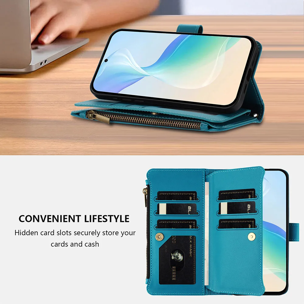 Leather Card Wallet Phone Cover with Wrist Strap and Crossbody Shell