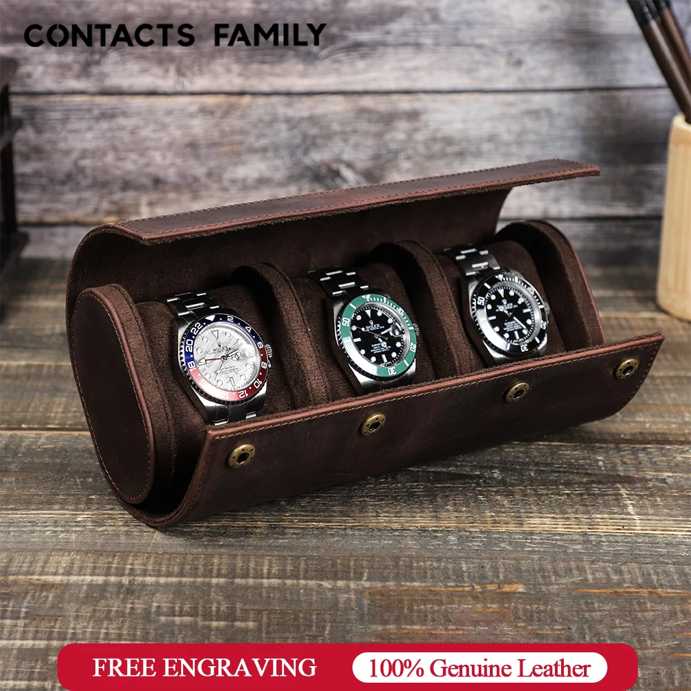 

CONTACT'S FAMILY 3/2/1 Slots Crazy Horse Leather Men Watch Organizer Display Box Watch Storage Roll Case Jewelry Pouch Holder