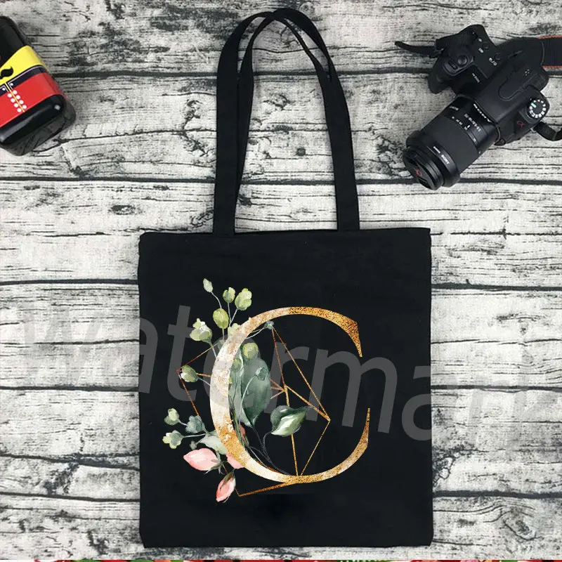 Flowers Alphabet Women Canvas Shopping Tote Bags Large Capacity Student Toiletries Organizers Casual shopper Letter Bags Gift