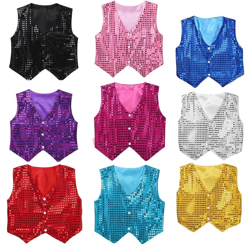 

Kids Jazz Dance Vest Sequins Clothes Shining Outfit Stage Performance Costume Hip-hop Dance Wear Vest Boys Waistcoat
