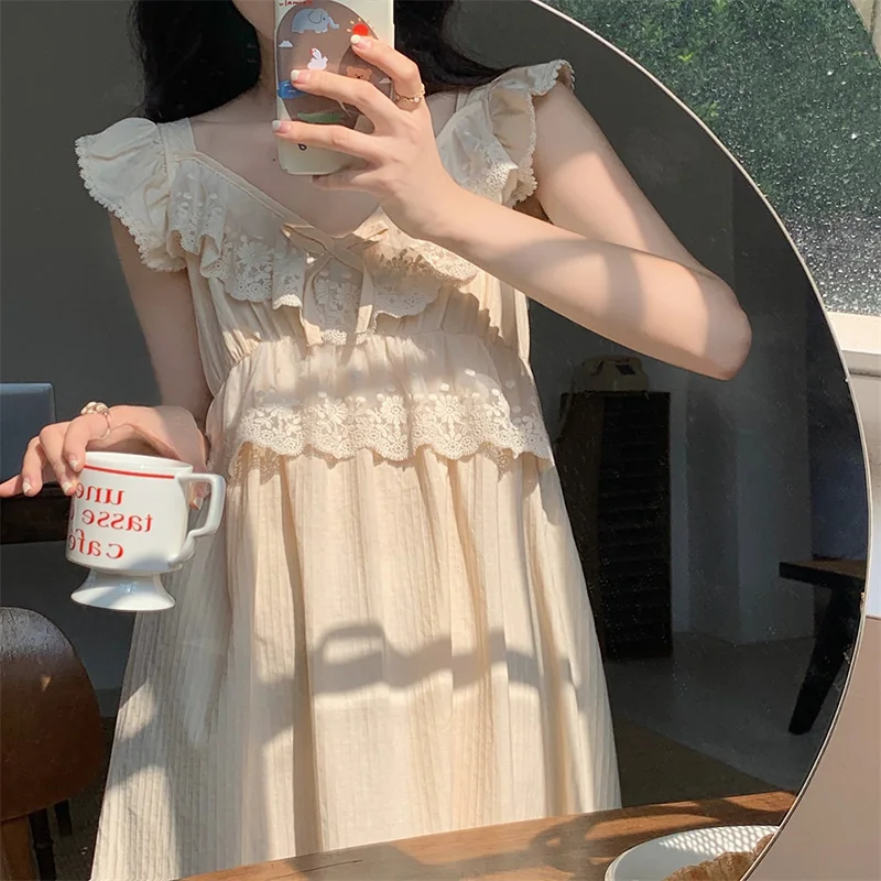 Lace Solid Sweet Summer Sleeveless NightDress Women Korean Style Sleep Tops Home  Kawaii Princess Elegant Casual  Loose Ins