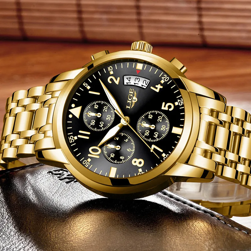 LIGE Watches For Men Golden Luxury Original Classic Quartz Clock