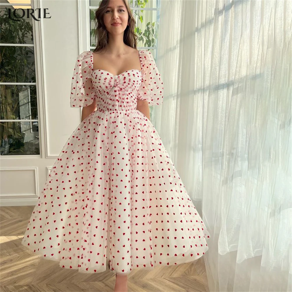 

LORIE Elegant Dot Formal Prom Dresses Sweetheart A-Line Short Cap Sleeves Homecoming Dress Tea Length Graduation Party Gowns