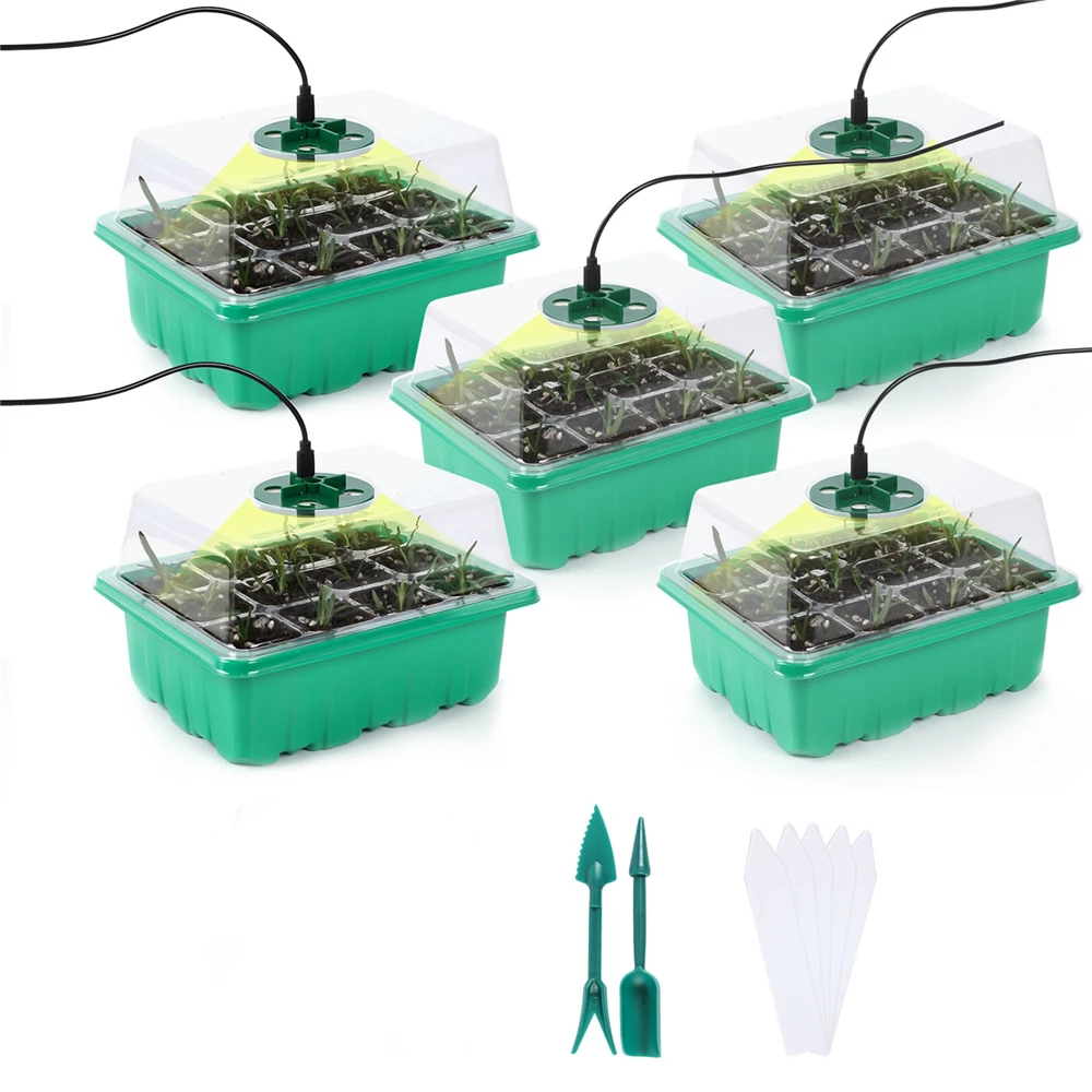 

5Pack/Set 12 Holes Seedling Tray Seed Starter Garden Nursery Pots with LED Grow Light Greenhouse Flower Pot Growing Plants Box