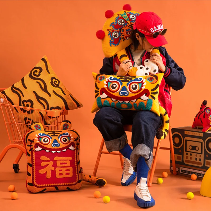 Joy Chinese Traditional Dance Lion Embroidery Cushion Year Of Tiger Sofa Chair Decorative Stuffed Pillow Happy Lucky Cushion 5