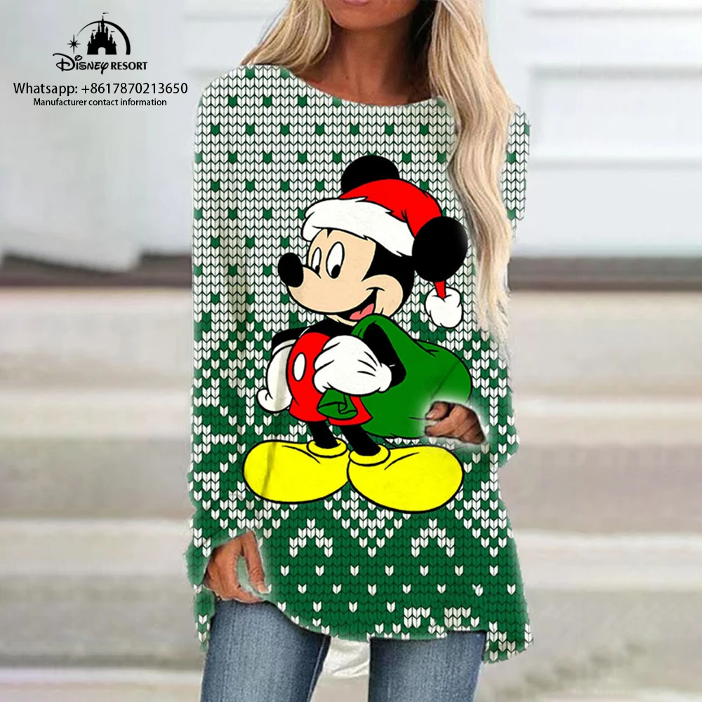 

Autumn Christmas Snowflake Print Mickey Minnie T-Shirt Women's Sweet Long Sleeve Tops Loose Casual O-Neck Party Christmas Tee