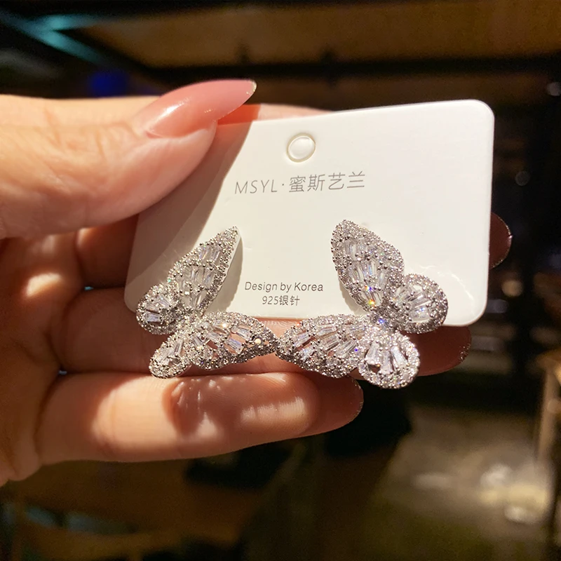 Butterfly Earrings Zircon Women's Korean Literary Style Net Red Temperament Simple
