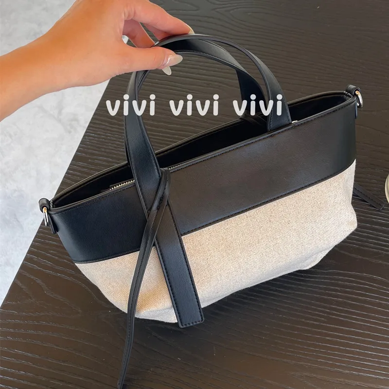 Summer Woven Top-Handle Bags Large Capacity Women Shoulder Bag Fashion Cotton and linen Bag PU Stitching Simple Vacation Handbag