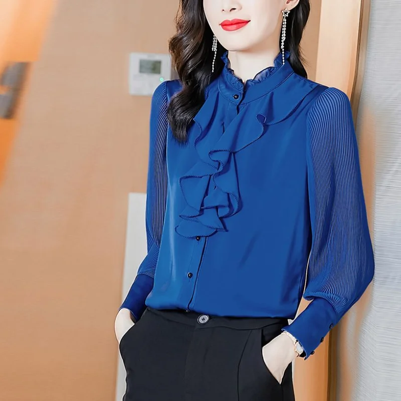 

Spring New 2023 Fashion Casual Solid Color Long Sleeve Button Spliced Single-breasted Ruffles Simplicity Commute Women's Shirt