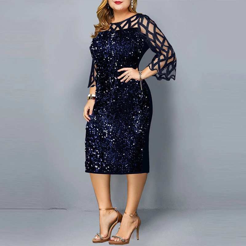 Elegant Sequin Plus Size 4XL 5XL Women Midi Dress Sexy Casual Evening Party Dresses Gown Wedding Luxury Robe Rouge Vestidos