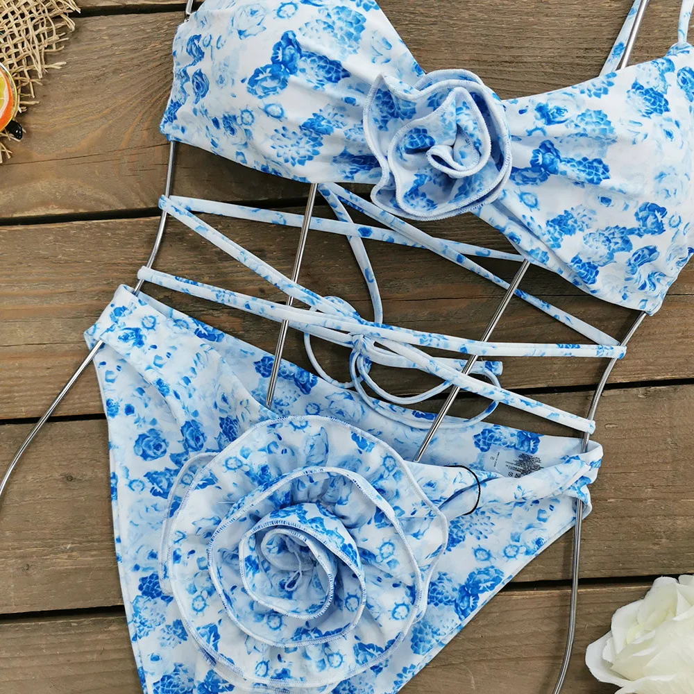Blue High Waist Strappy Bikini New Rose 3D Flower Flower Split Swimsuit Women 2023 New Floral Bikini Two-piece Set Swimwear