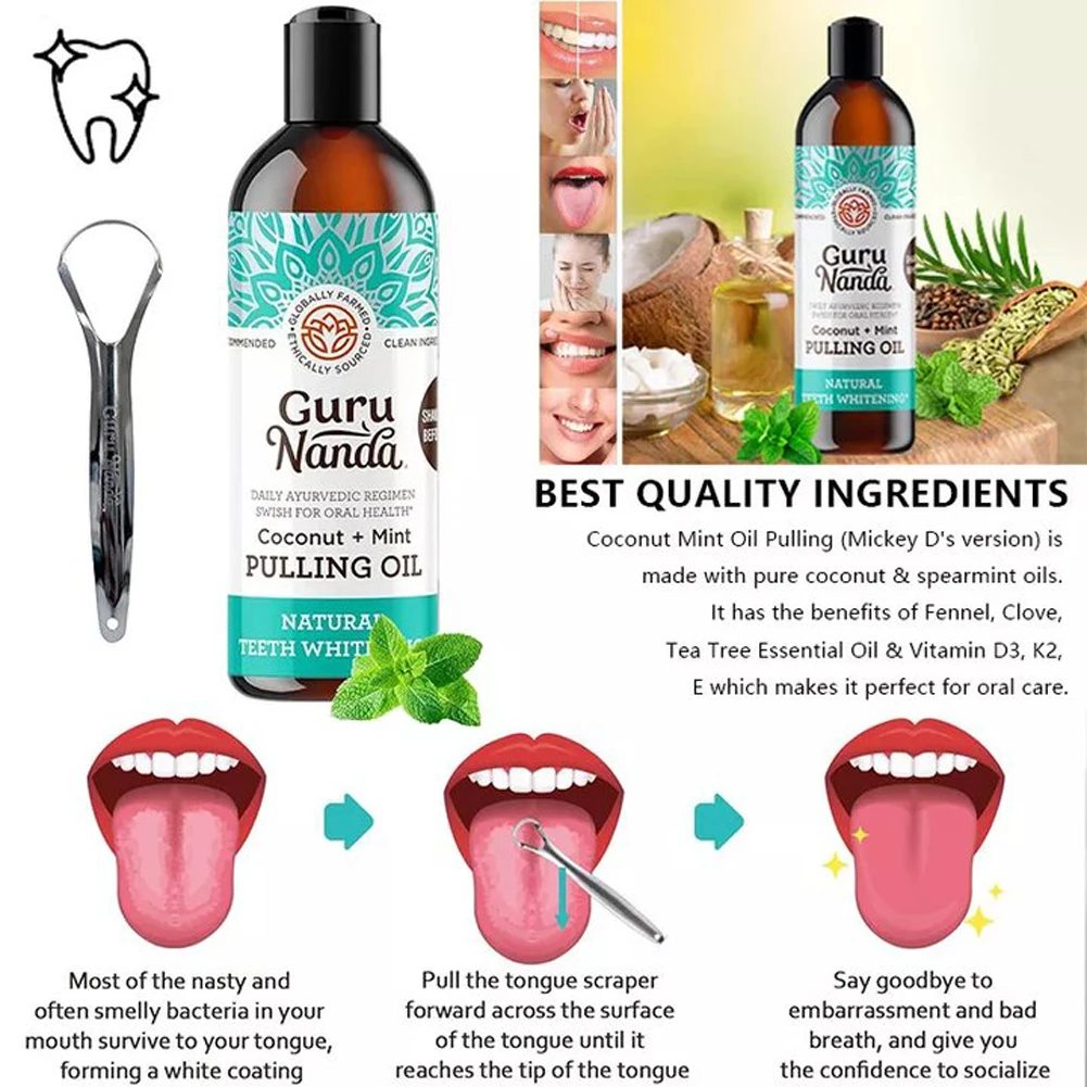 Pulling Coconut Oil Mouthwash Non Alcohol Mint Tongue Oral Clean with Tongue Scraper Fresh Oral Breath for Women Men Care teeth whitening powder
