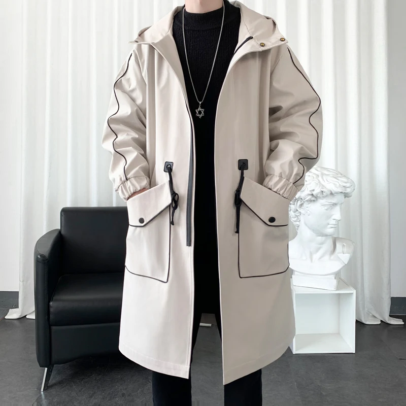 2024 Men's Windbreaker Jacket Long Trench Oversize Loose