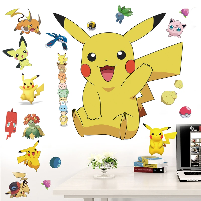 Pikachu z kreskówki naklejki ścienne do pokoju dziecięcego przedszkole salon dekoracja DIY na ścianę do dekoracji sypialni animowany plakat dekoracja sypialni