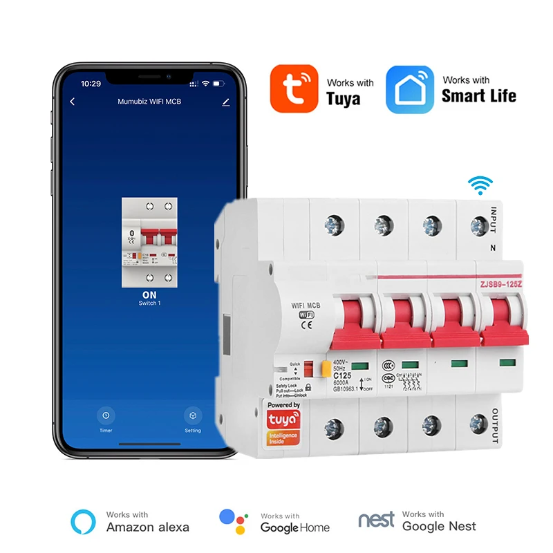 Tuya Vida Inteligente Wifi Disjuntor Interruptor de Monitoramento de Energia Controle Remoto Automático Mcb 16a125a 4p 63a