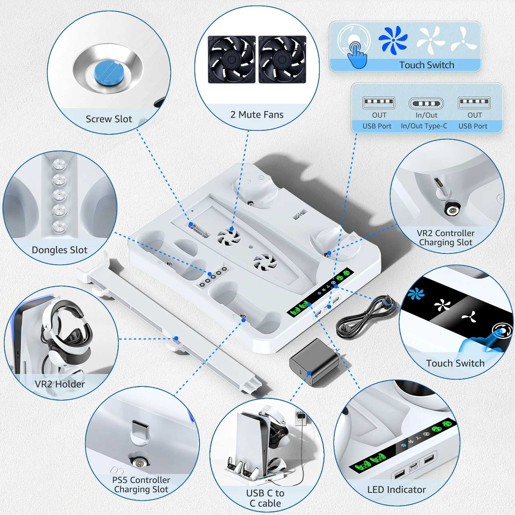 FOR PS5 & PS VR2 Charging Station with AC Adapter and 3-Level Cooling Fan for PS5 & PSVR 2 Controller Charger Dock Station