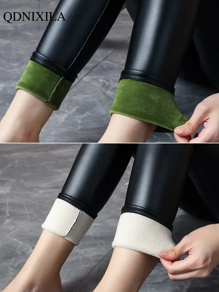 2023 New In Winter Leather Women's Leggings Thermal Leg Warmer High Waist  Fleece Velvet Black Tights Sexy PU Faux Female Pants - AliExpress