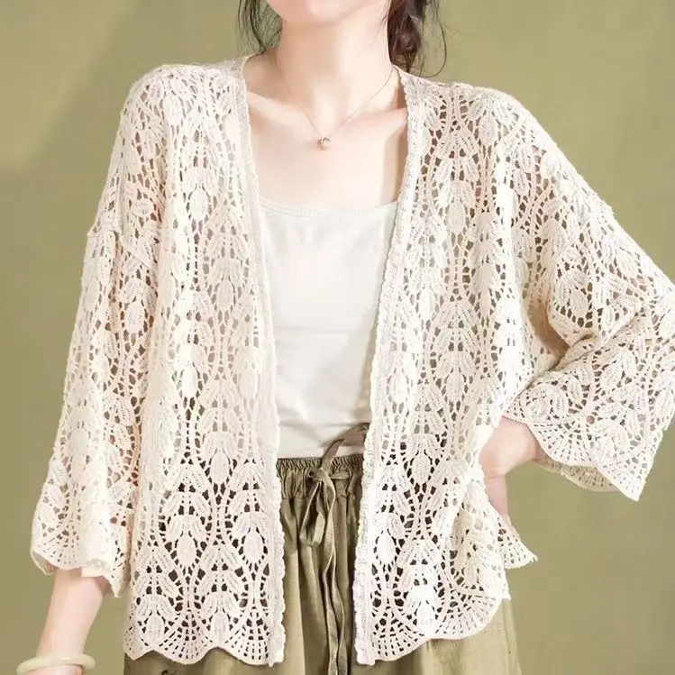 Spring Summer Women's Thin Hollow Knit Cardigan Korean Fashion Top Short Loose Air-conditioned Sunscreen Shirt Grace New