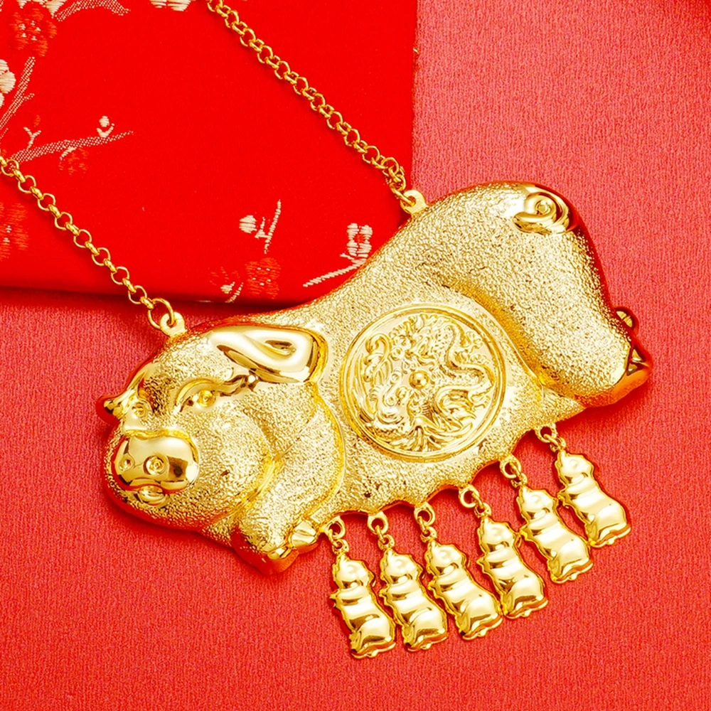 

Wedding Pig Pendant Chain Necklace for Women Bridal 18k Yellow Gold Filled Dragon Phoenix Engagement Jewelry Gift