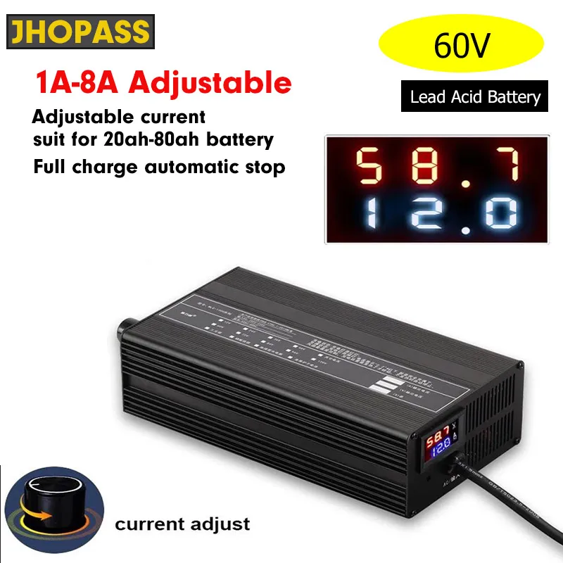 

8a 60V 80AH 70AH 60AH 50AH Charger AGM GEL SLA VRLA 60V8A Adjustable 1a-8a Lead Acid Battery Current Adjust Fast ebike Scooter