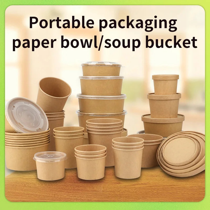 Disposable Lunch Box Disposable Containers 25pcs/set Disposable Packing Boxes Disposable Kraft Paper Bowls For Soup Salad Noodles Lunch Box Sets Take-Away Hot Soup Bowl