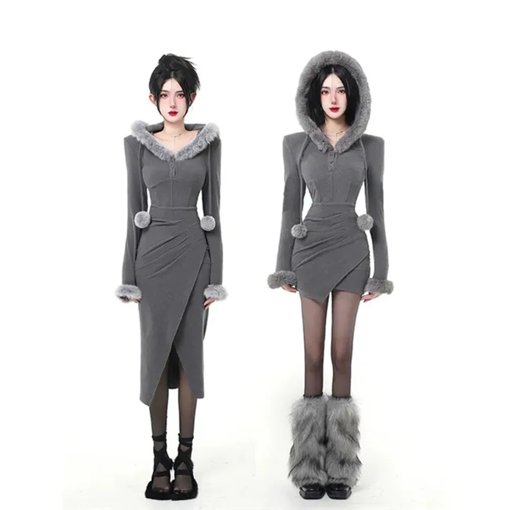 

Женское однотонное Плиссированное Платье-туника с капюшоном и поясом