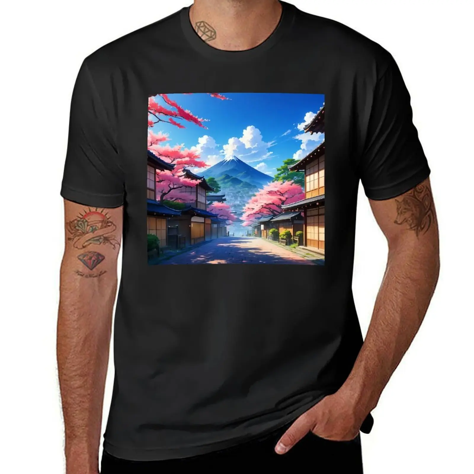 

Japanese Village Landscape T-Shirt anime clothes blanks shirts graphic tees t shirts for men graphic